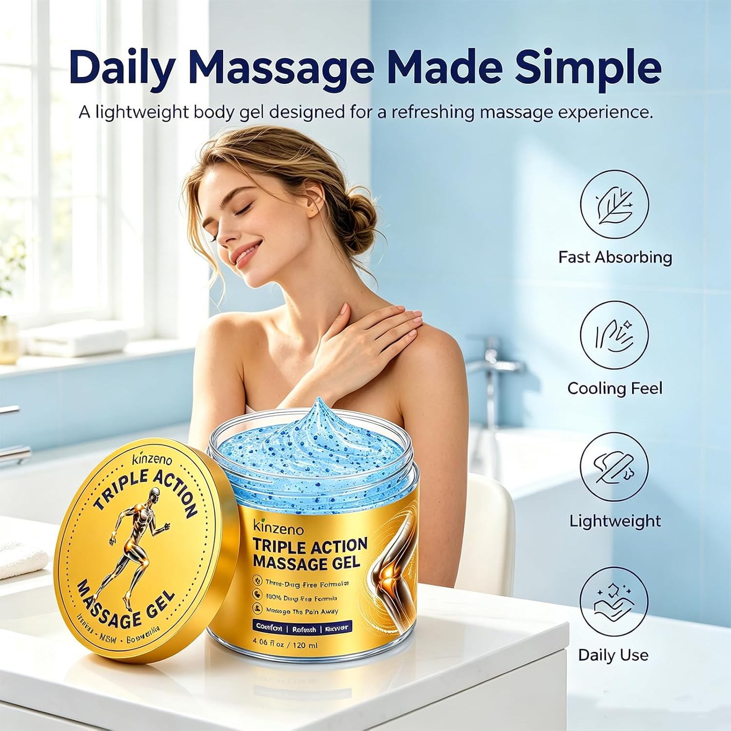 Woman applying Kinzeno Triple Action Massage Gel to her shoulder