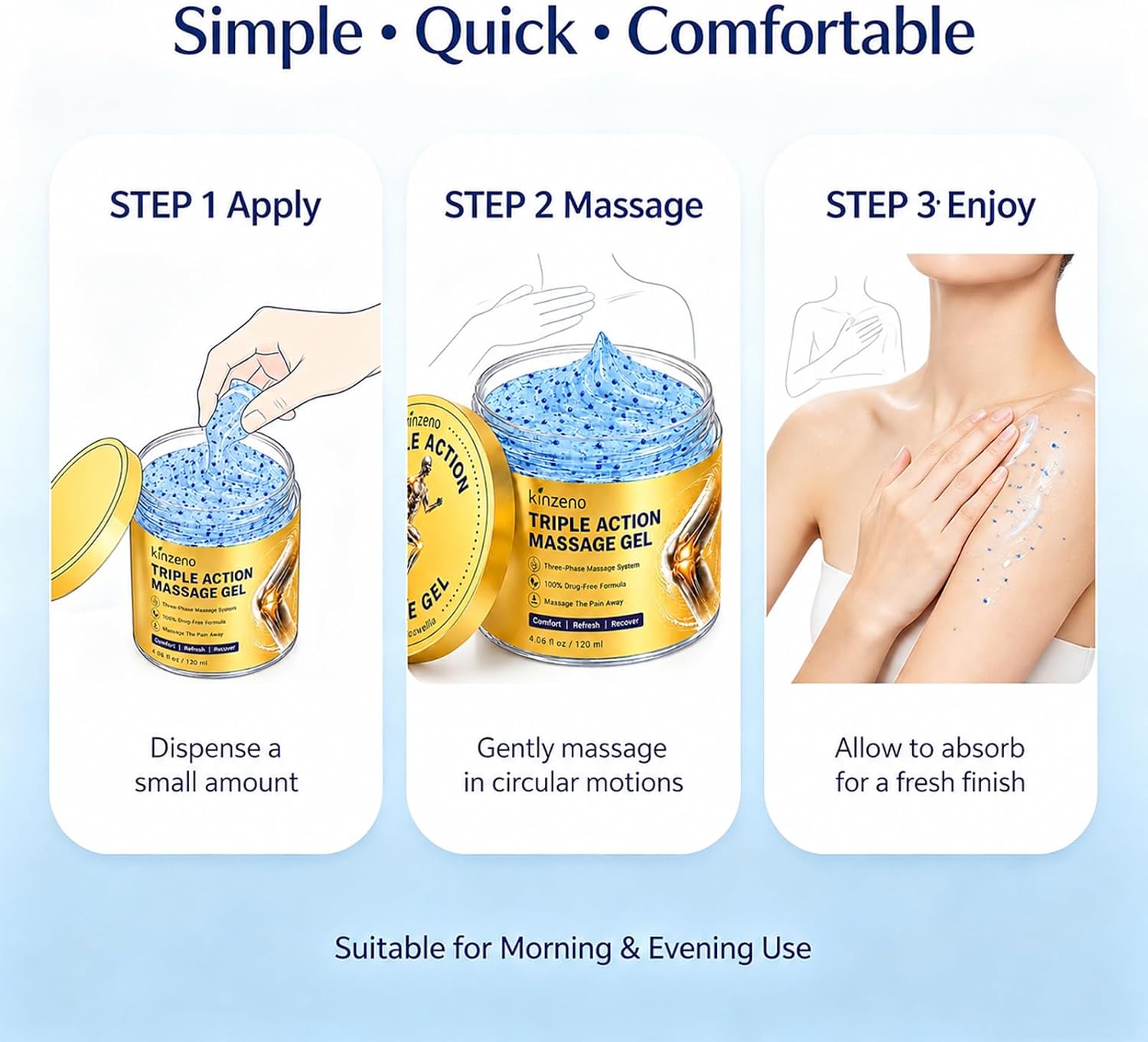 Three steps to use Kinzeno Gel: apply, massage, enjoy
