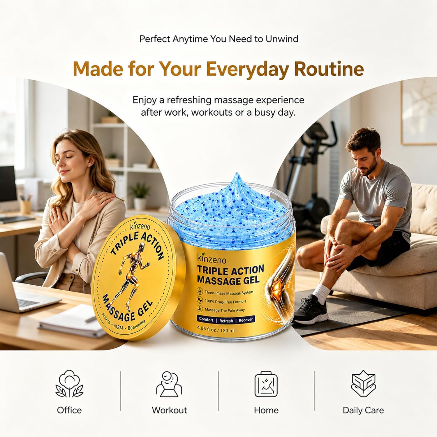 Kinzeno Gel used at the office, after workouts and at home